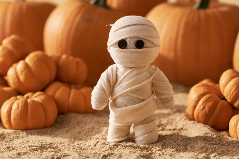 Small handmade mummy figurine wrapped in white gauze bandages standing among pumpkins on sandy ground