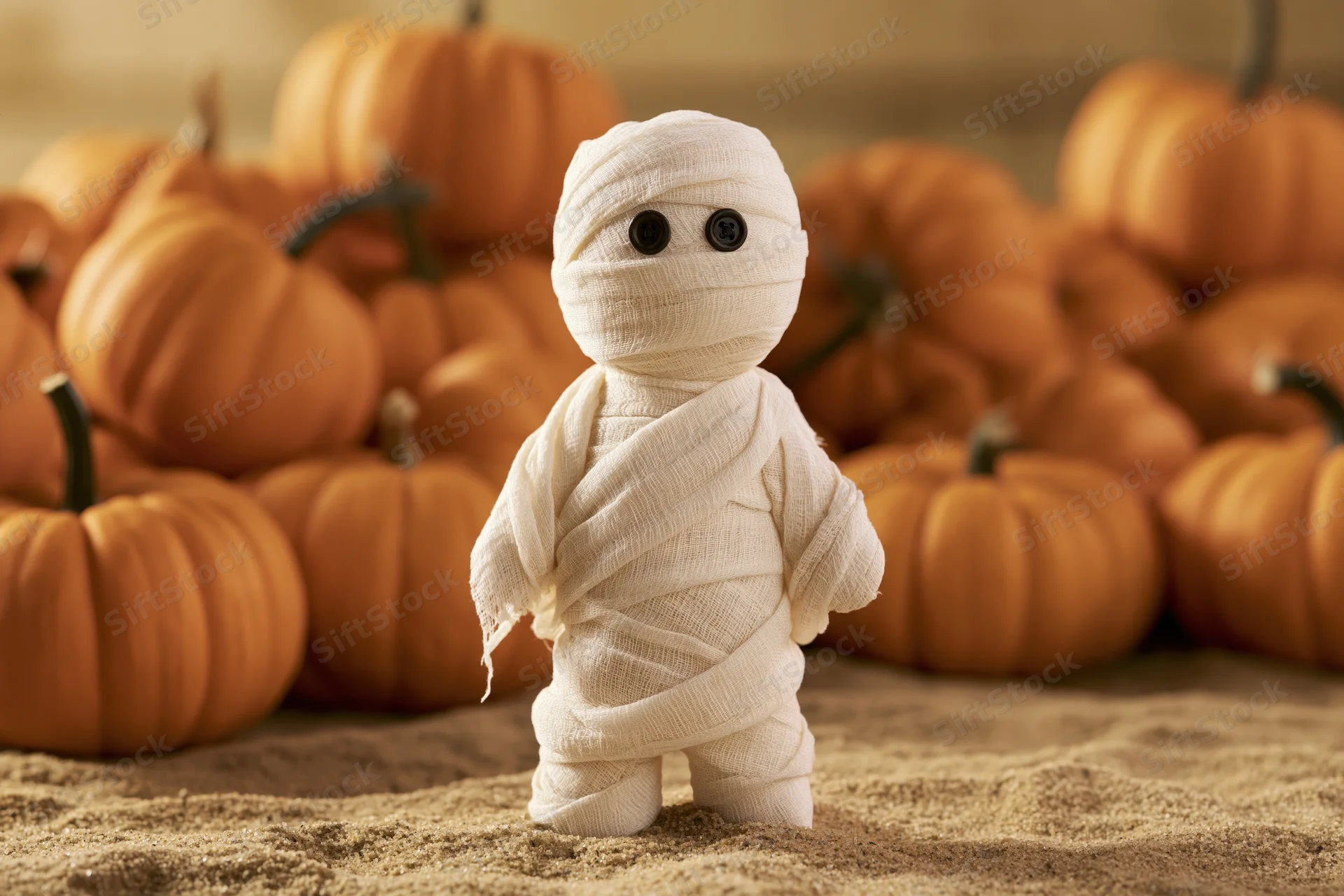 Small handmade mummy figurine wrapped in white gauze bandages standing among pumpkins on sandy ground