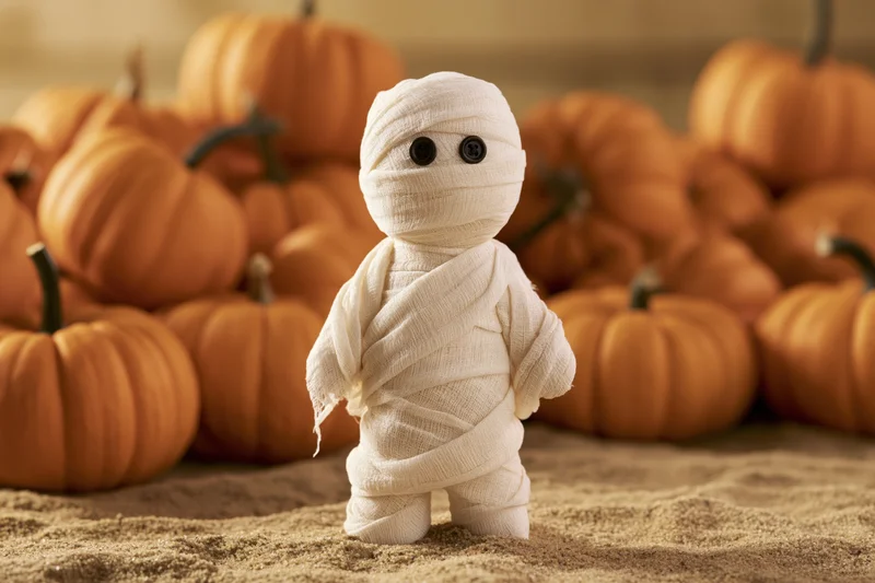 Small handmade mummy figurine wrapped in white gauze bandages standing among pumpkins on sandy ground