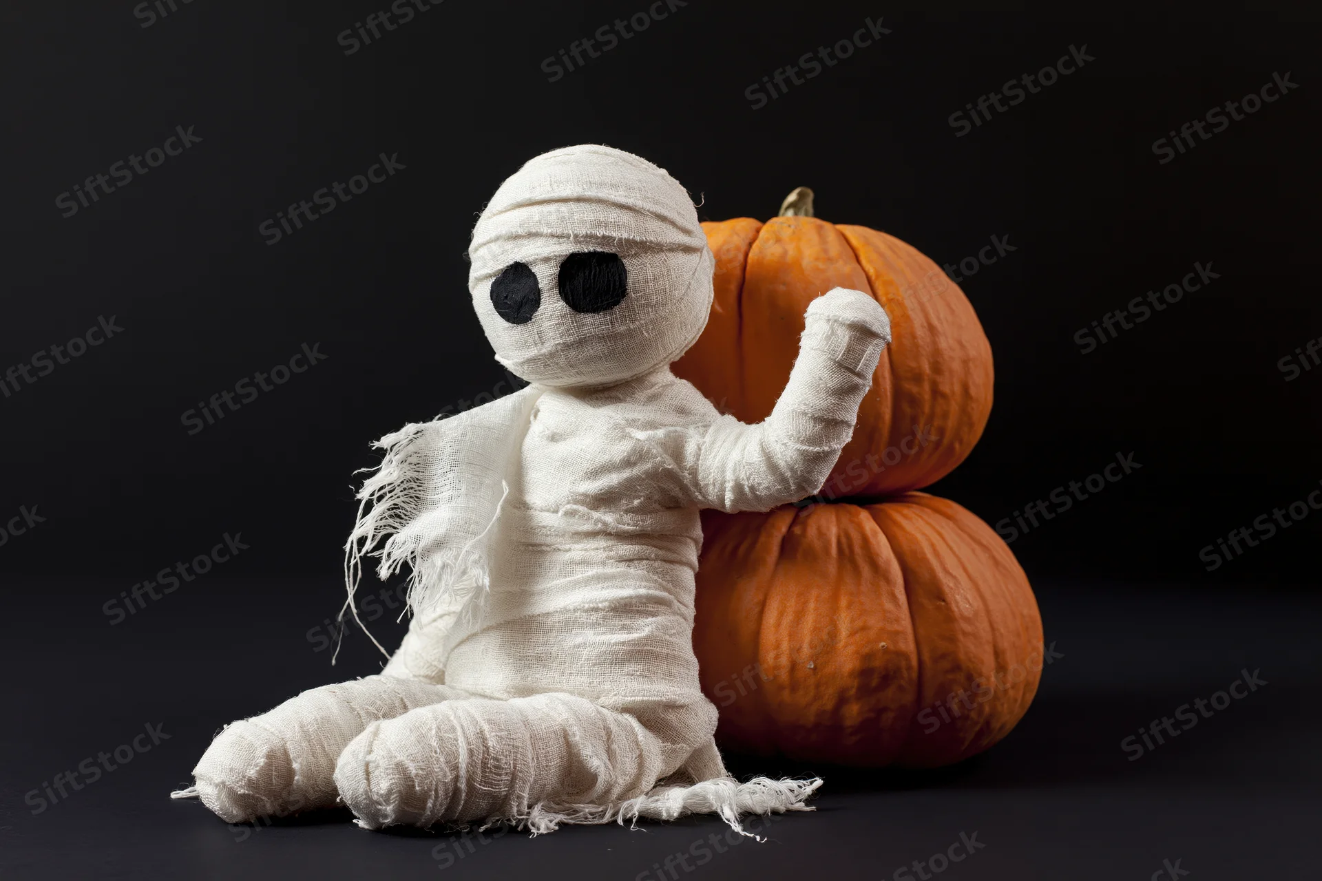 Handmade mummy figurine wrapped in white gauze bandages sitting beside stacked pumpkins on dark surface