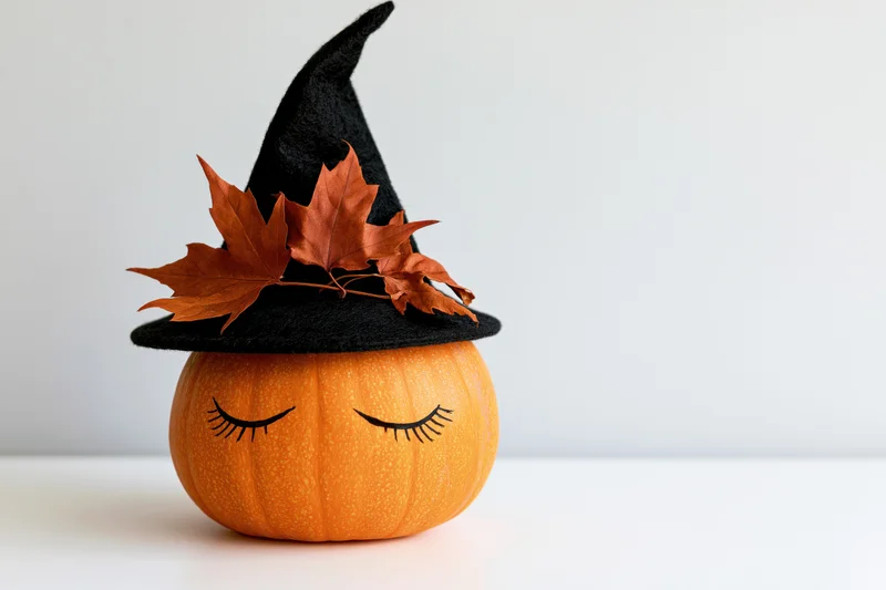 Small orange pumpkin with painted closed eyelashes wearing a black witch hat adorned with dried maple leaves on a white surface