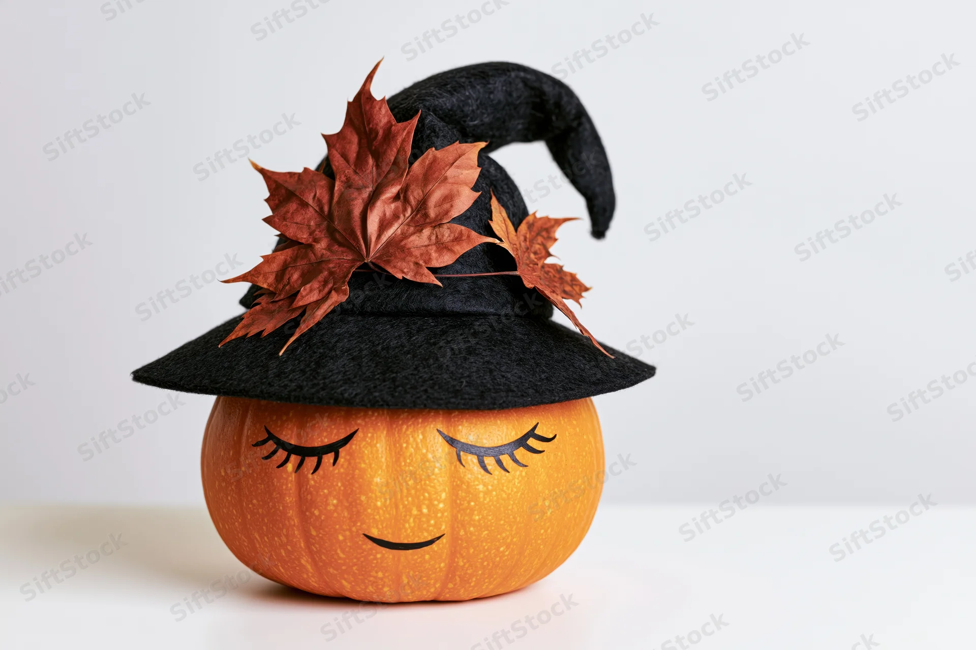 Small orange pumpkin with painted closed eyelashes wearing a black witch hat adorned with dried maple leaves on a white surface