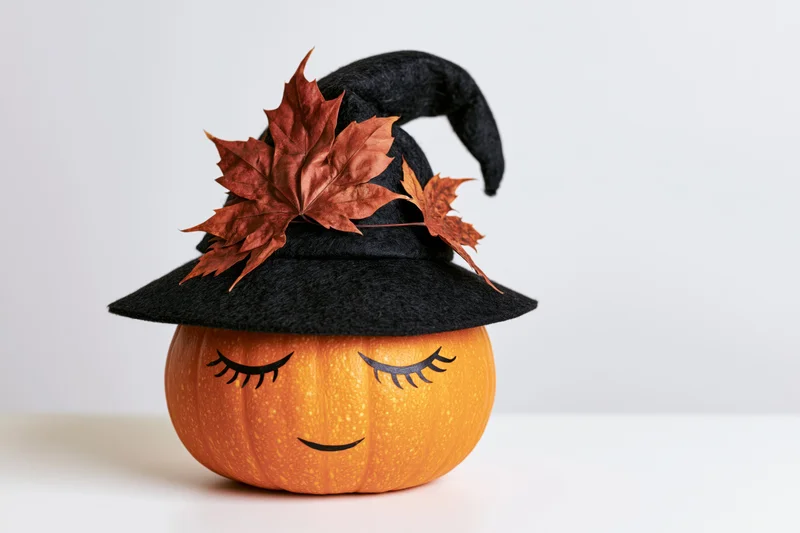 Small orange pumpkin with painted closed eyelashes wearing a black witch hat adorned with dried maple leaves on a white surface