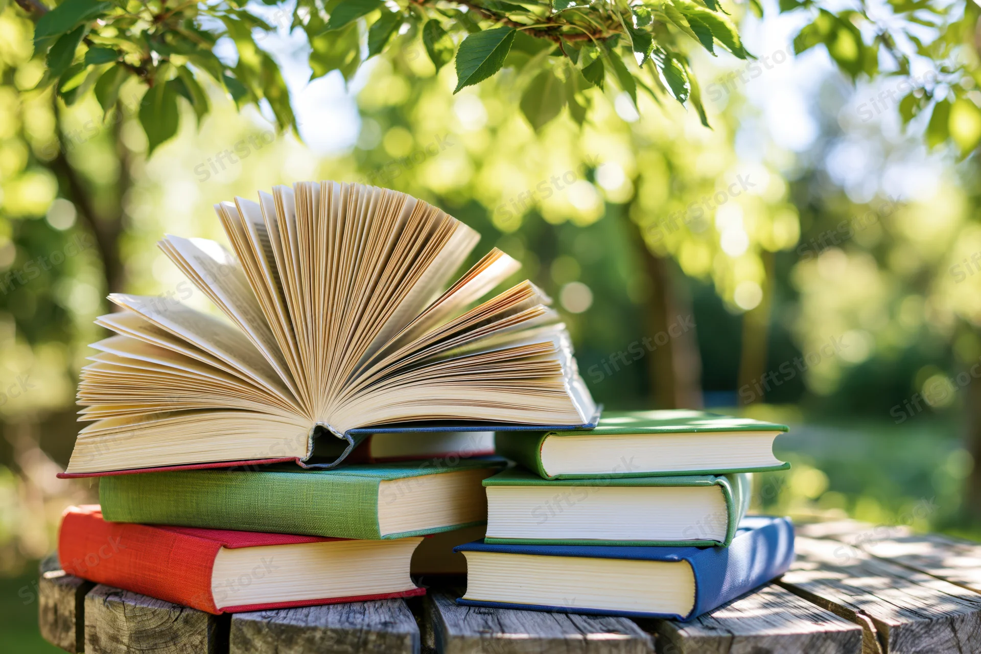 Stack of open and closed hardcover books on a weathered wooden table outdoors under tree leaves
