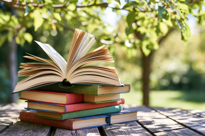 Stack of open and closed hardcover books on a wooden table outdoors under tree shade
