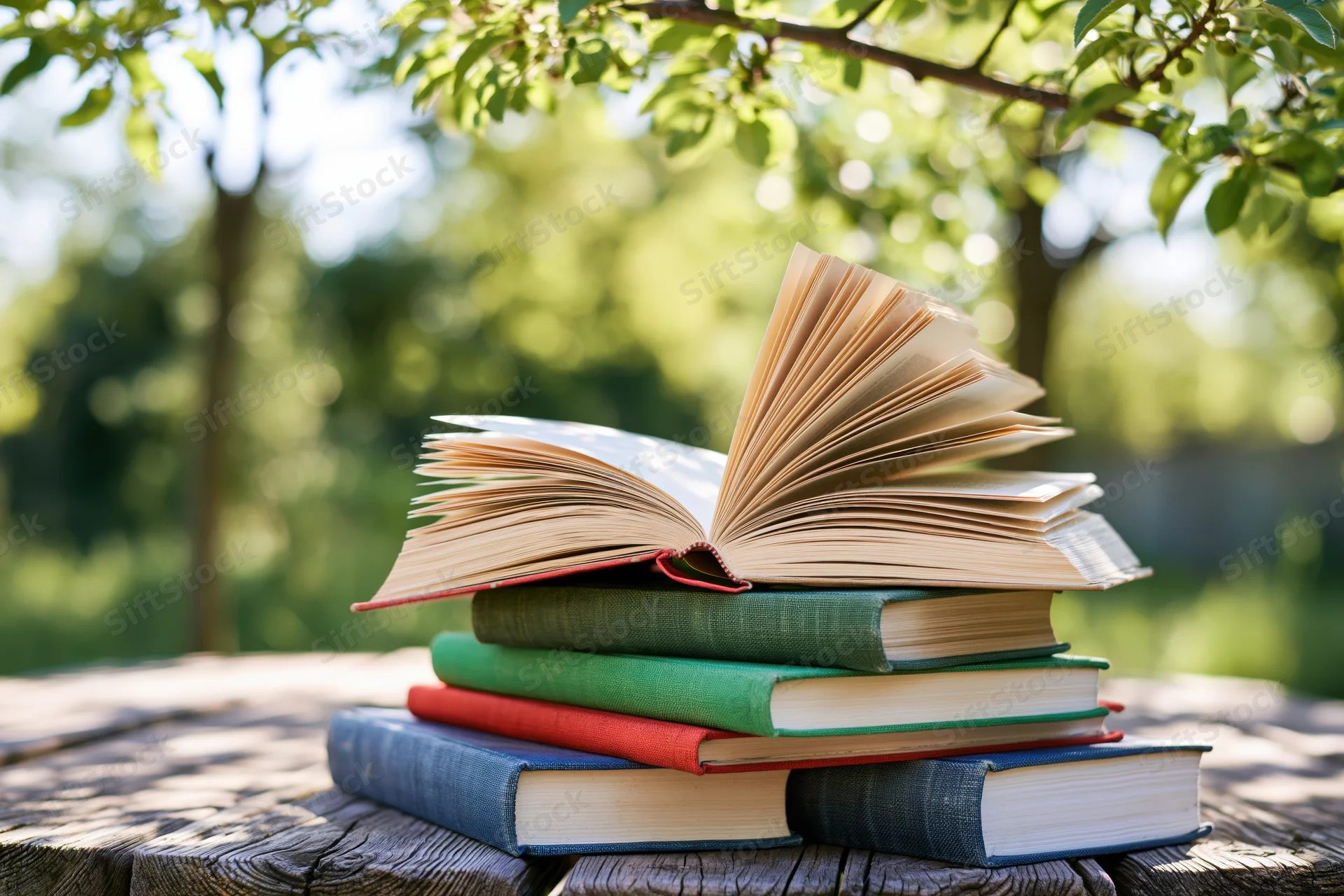 Stack of open and closed hardcover books on a weathered wooden table outdoors under tree leaves