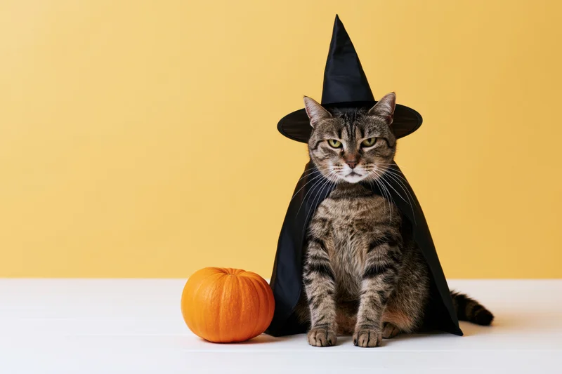 Tabby cat in witch costume with pumpkin on yellow background