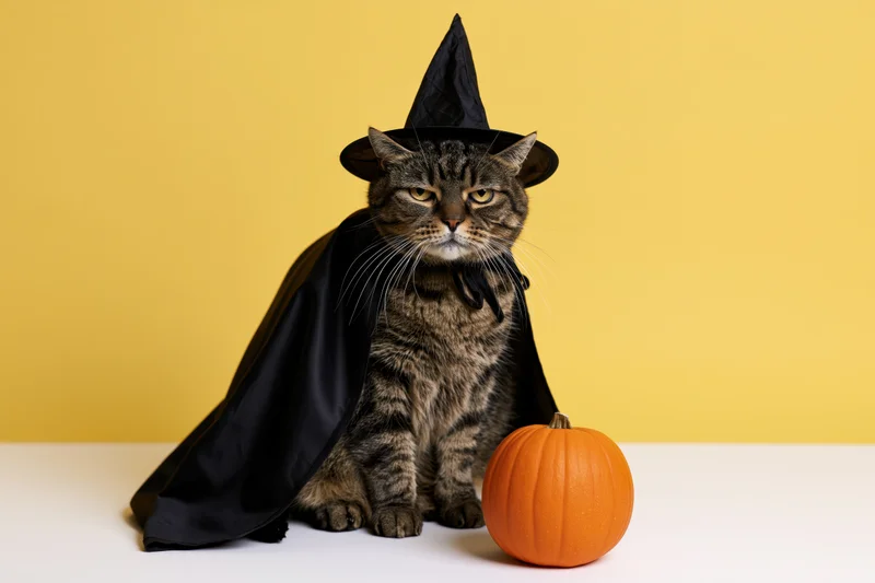 Tabby cat in witch costume with pumpkin on yellow background