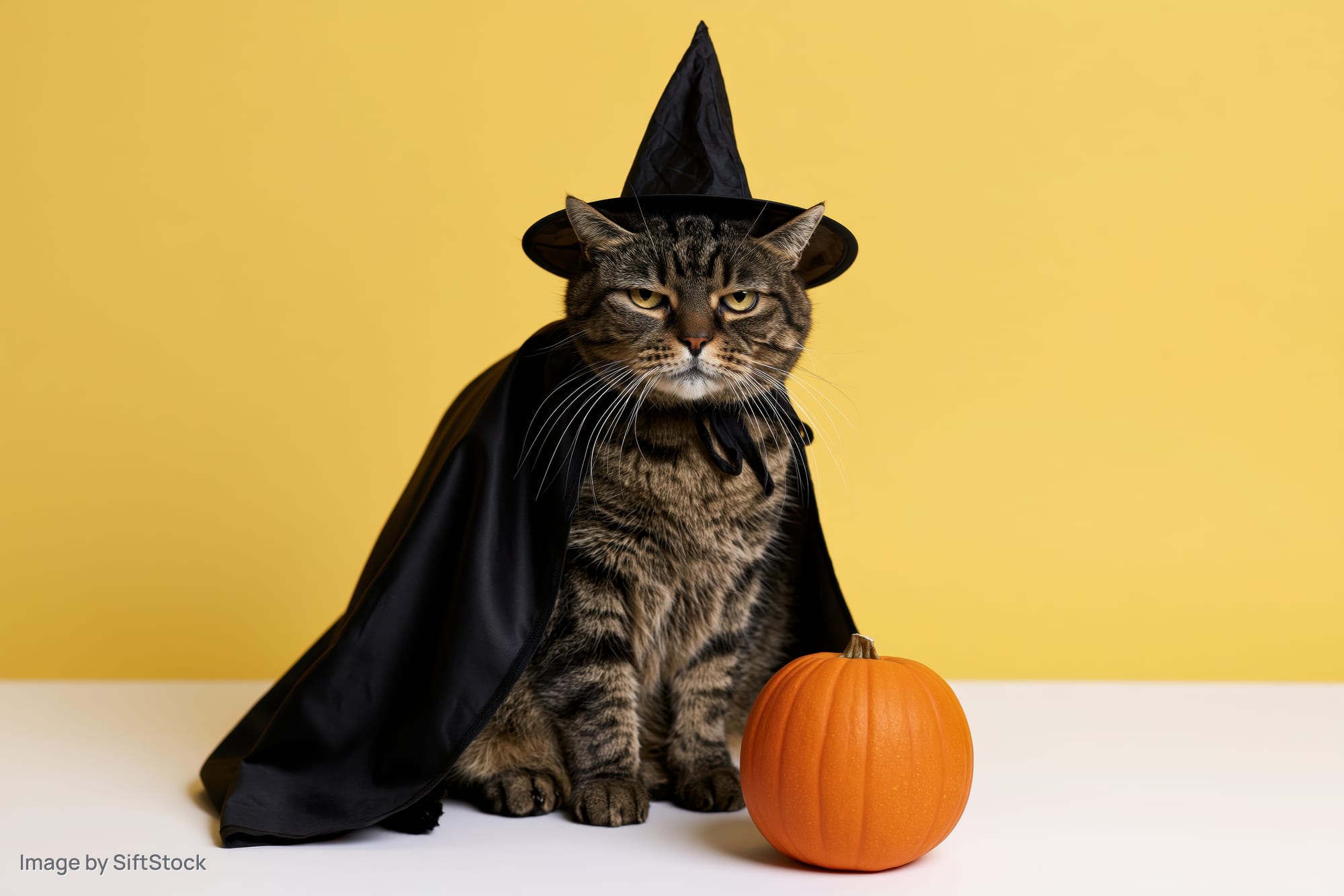 Tabby cat in witch costume with pumpkin on yellow background