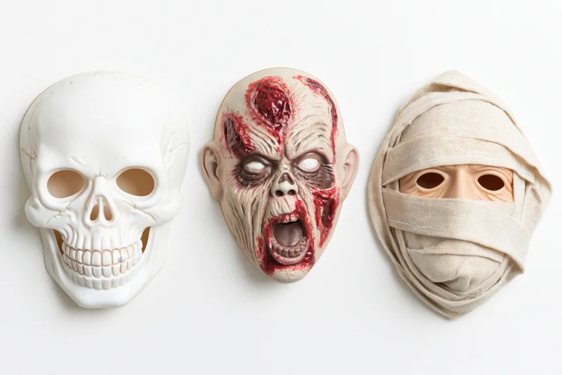 Three halloween rubber masks — skull, zombie, and mummy — arranged side by side on white background