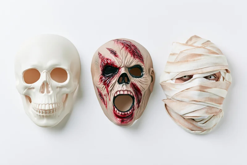Three halloween rubber masks — skull, zombie, and mummy — arranged side by side on white background