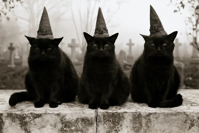 Three black cats wearing pointed witch hats sitting on a stone ledge in a foggy cemetery
