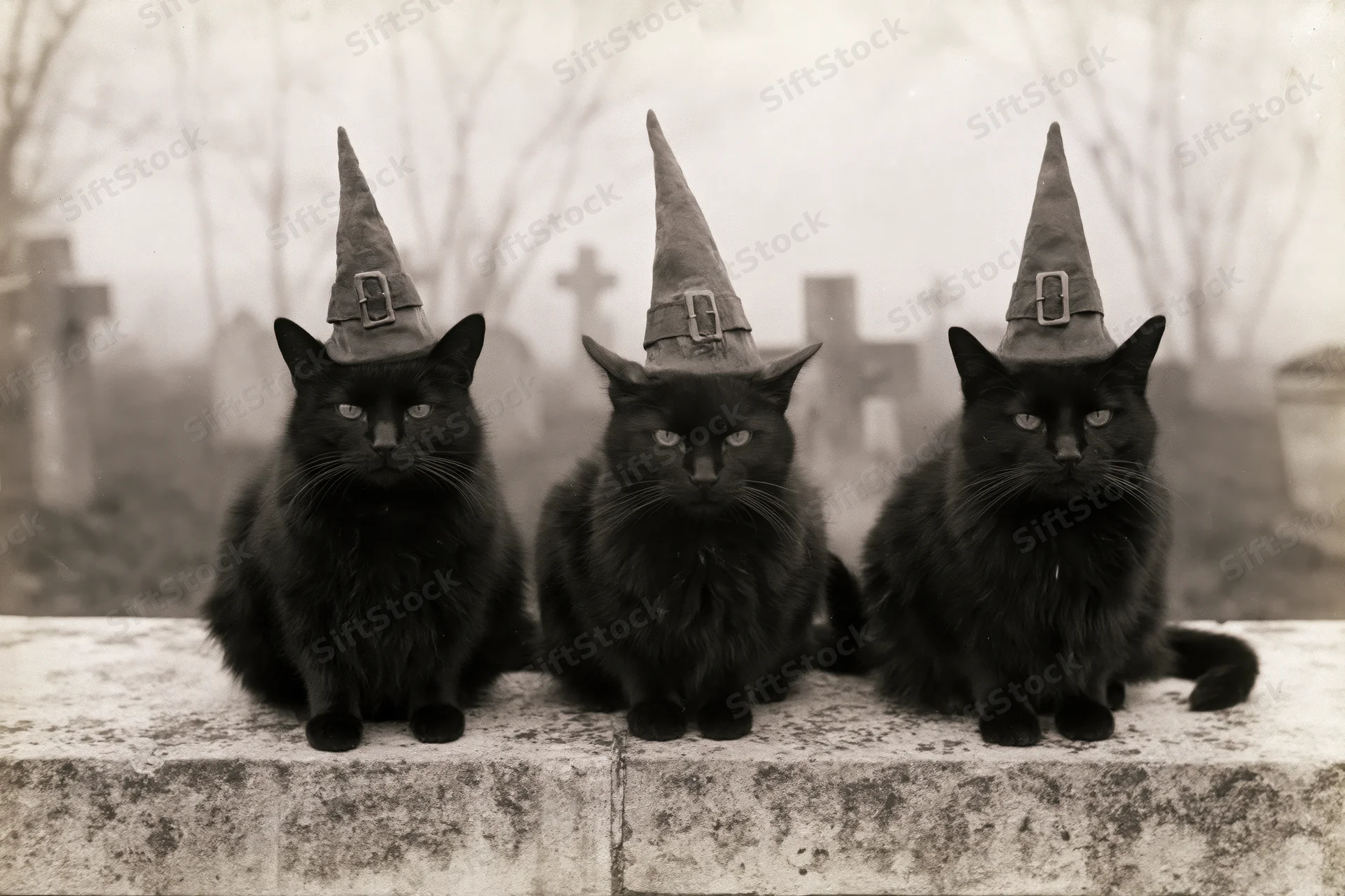Three black cats wearing pointed witch hats sitting in a row on a stone wall in a foggy cemetery