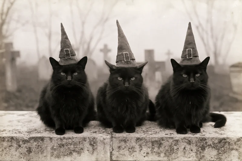 Three black cats wearing pointed witch hats sitting in a row on a stone wall in a foggy cemetery