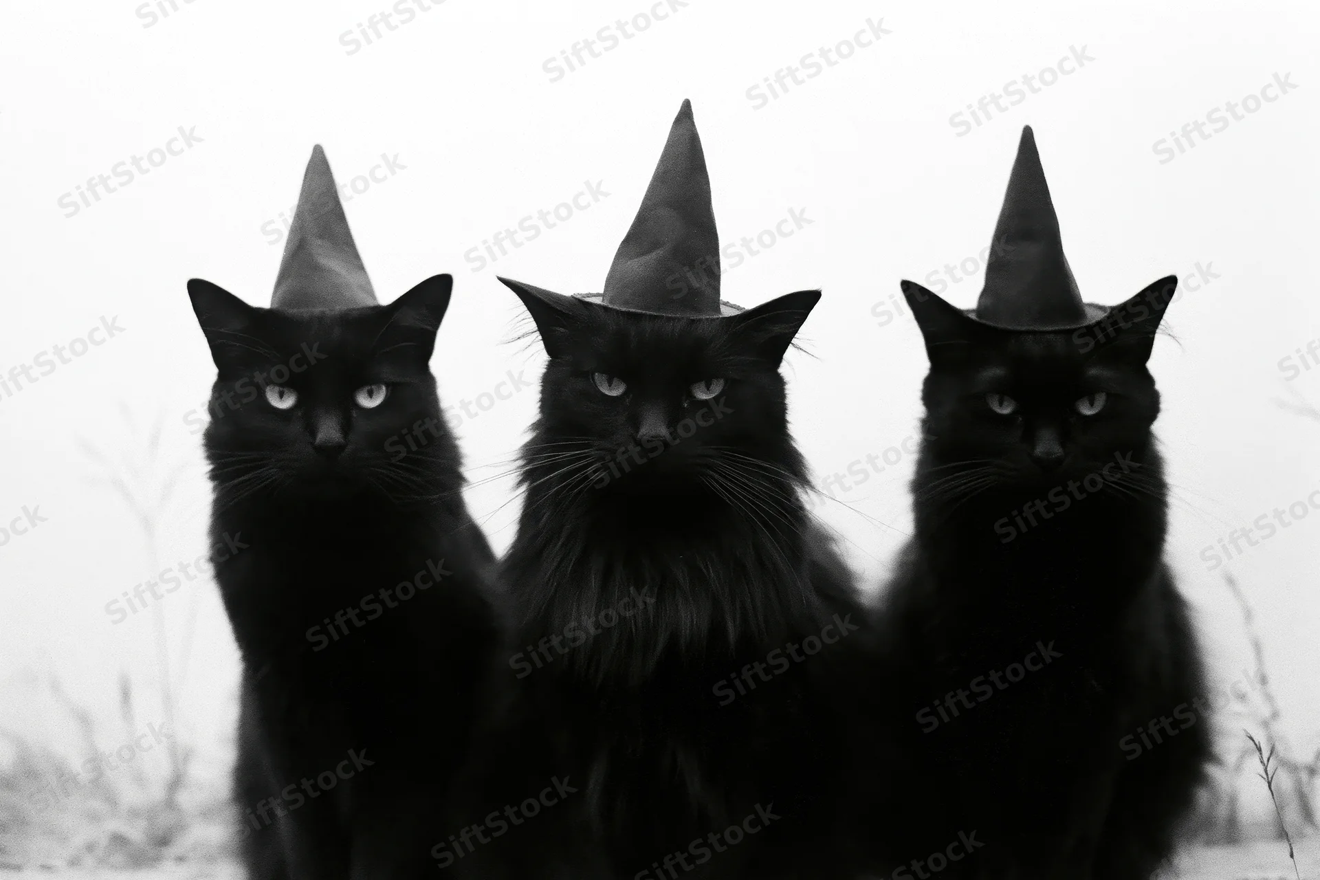 Three black cats wearing pointed witch hats sitting side by side outdoors in monochrome