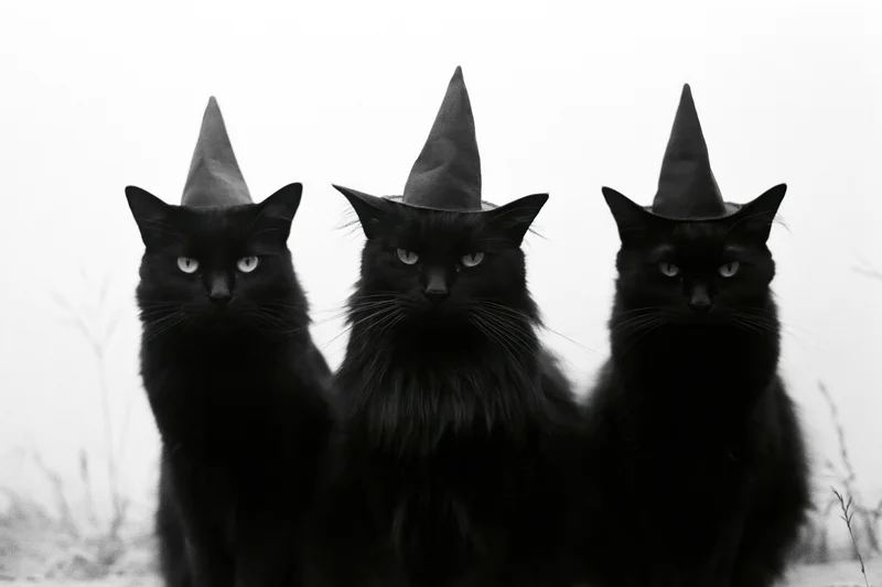Three black cats wearing pointed witch hats sitting side by side outdoors in monochrome