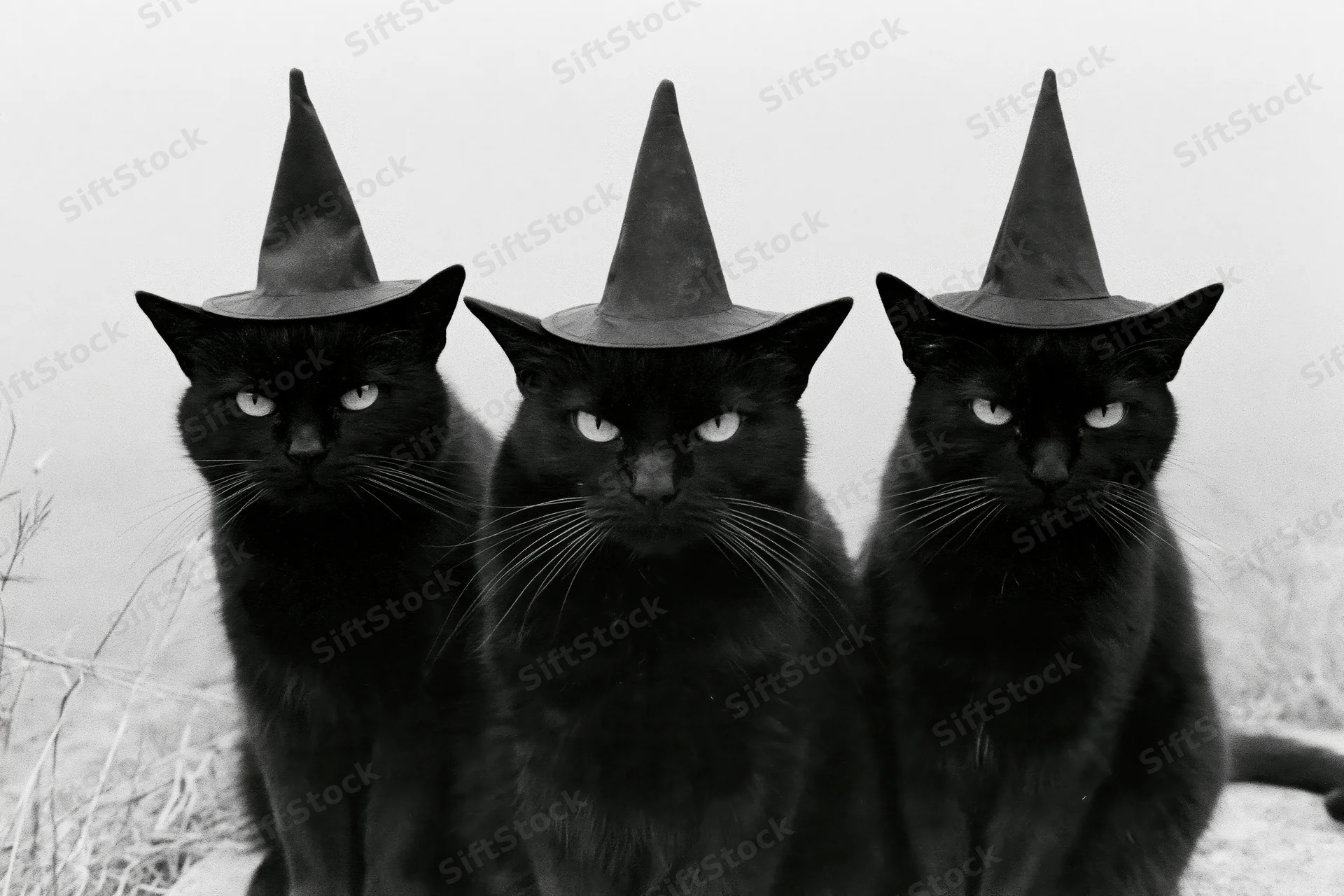 Three black cats wearing witch hats sitting side by side outdoors in a foggy field