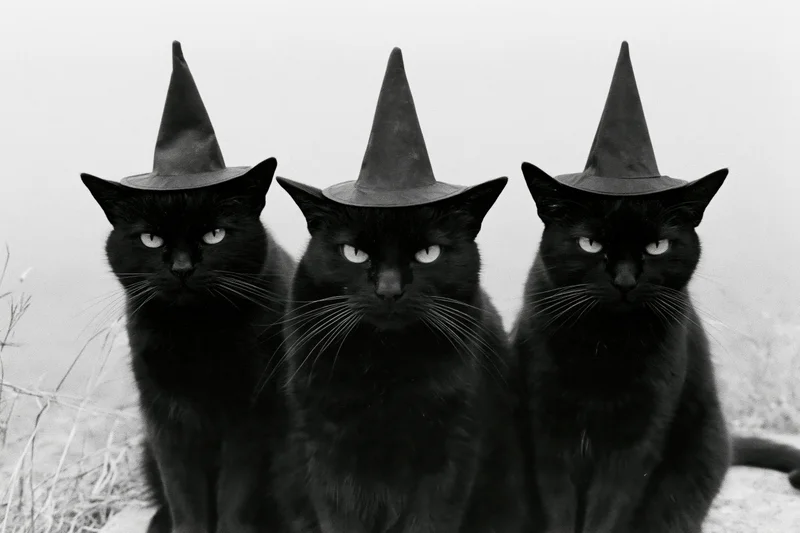 Three black cats wearing witch hats sitting side by side outdoors in a foggy field
