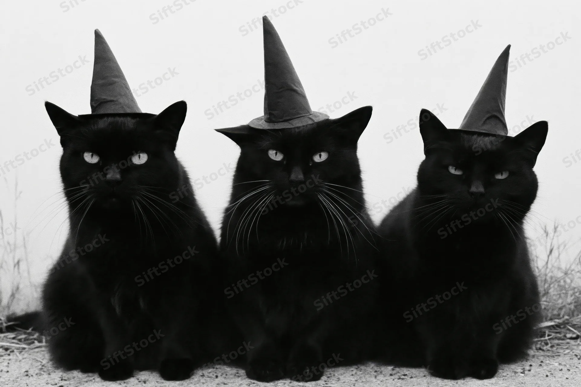 Three black cats wearing pointed witch hats sitting side by side outdoors