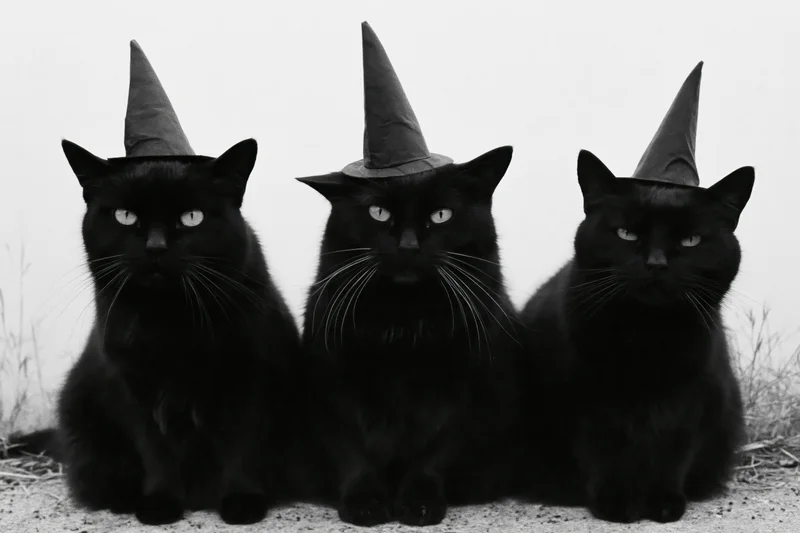 Three black cats wearing pointed witch hats sitting side by side outdoors