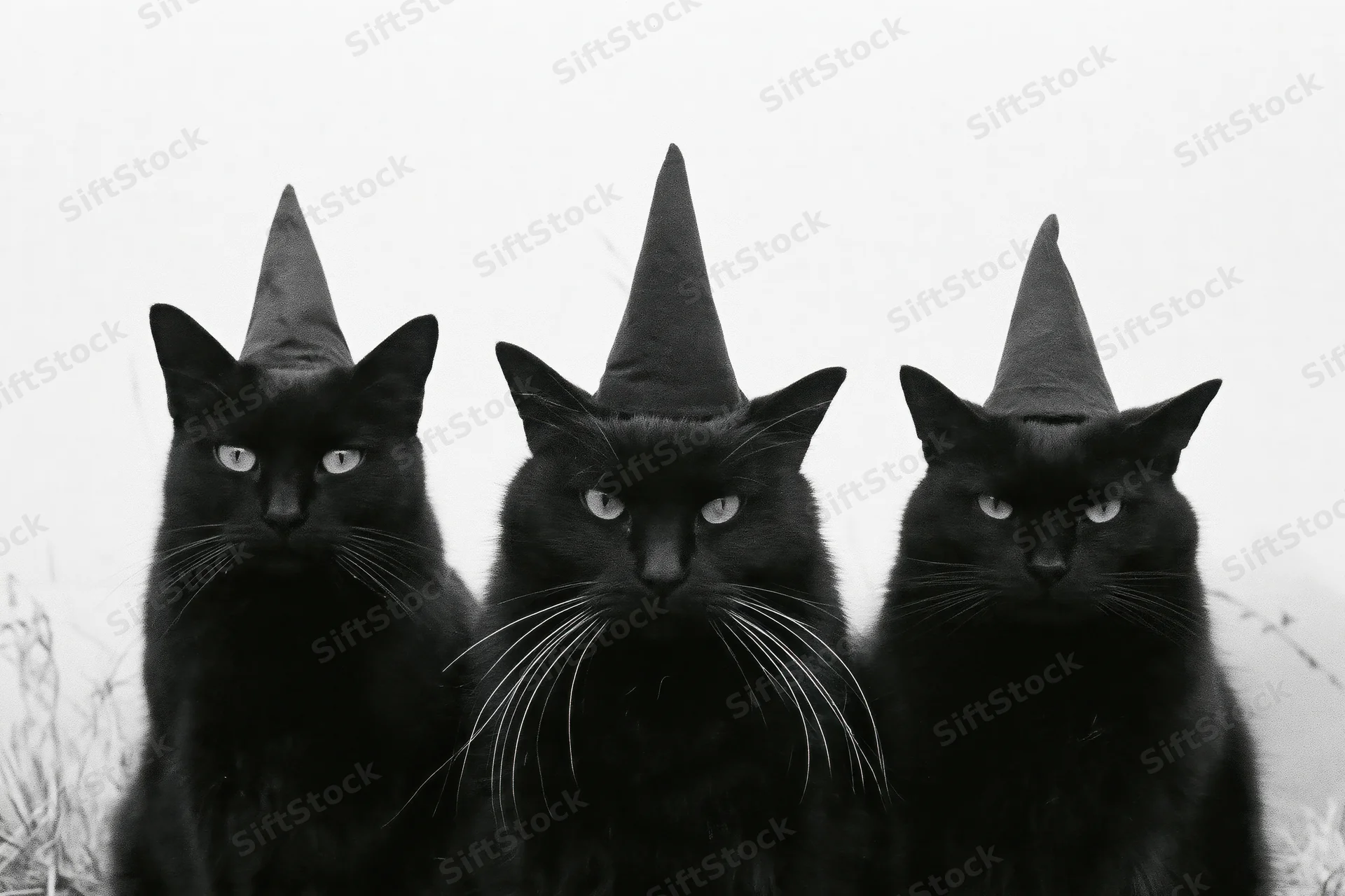 Three black cats wearing pointed witch hats sitting side by side outdoors