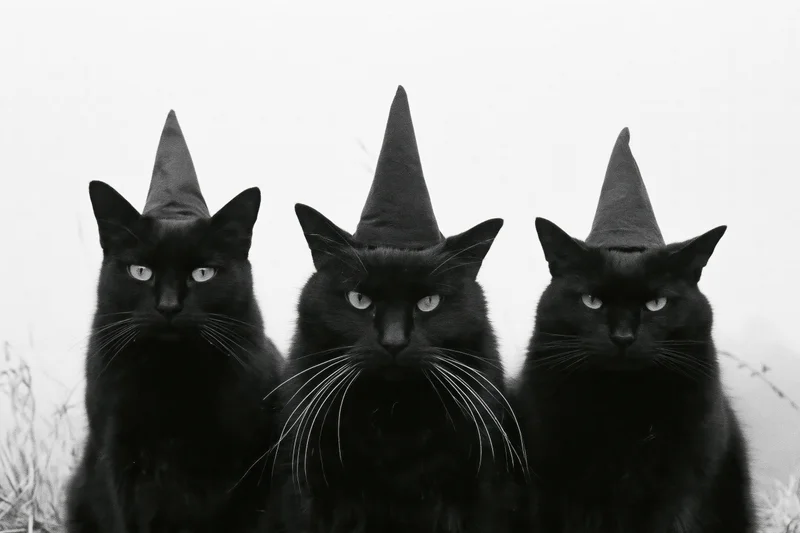 Three black cats wearing pointed witch hats sitting side by side outdoors