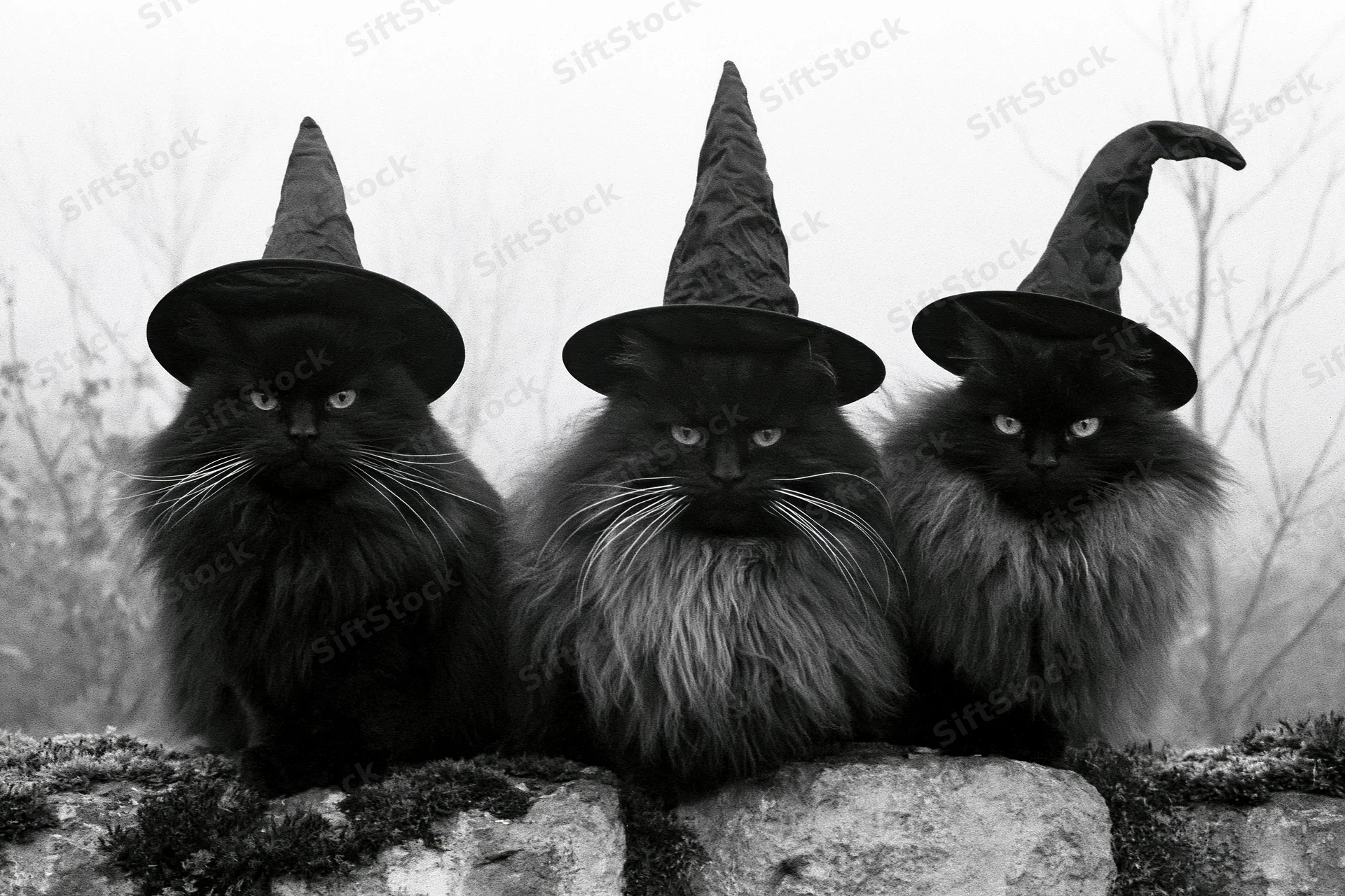 Three fluffy black cats wearing pointy witch hats sitting in a row on a mossy stone wall