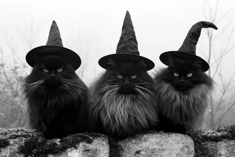Three fluffy black cats wearing pointy witch hats sitting in a row on a mossy stone wall
