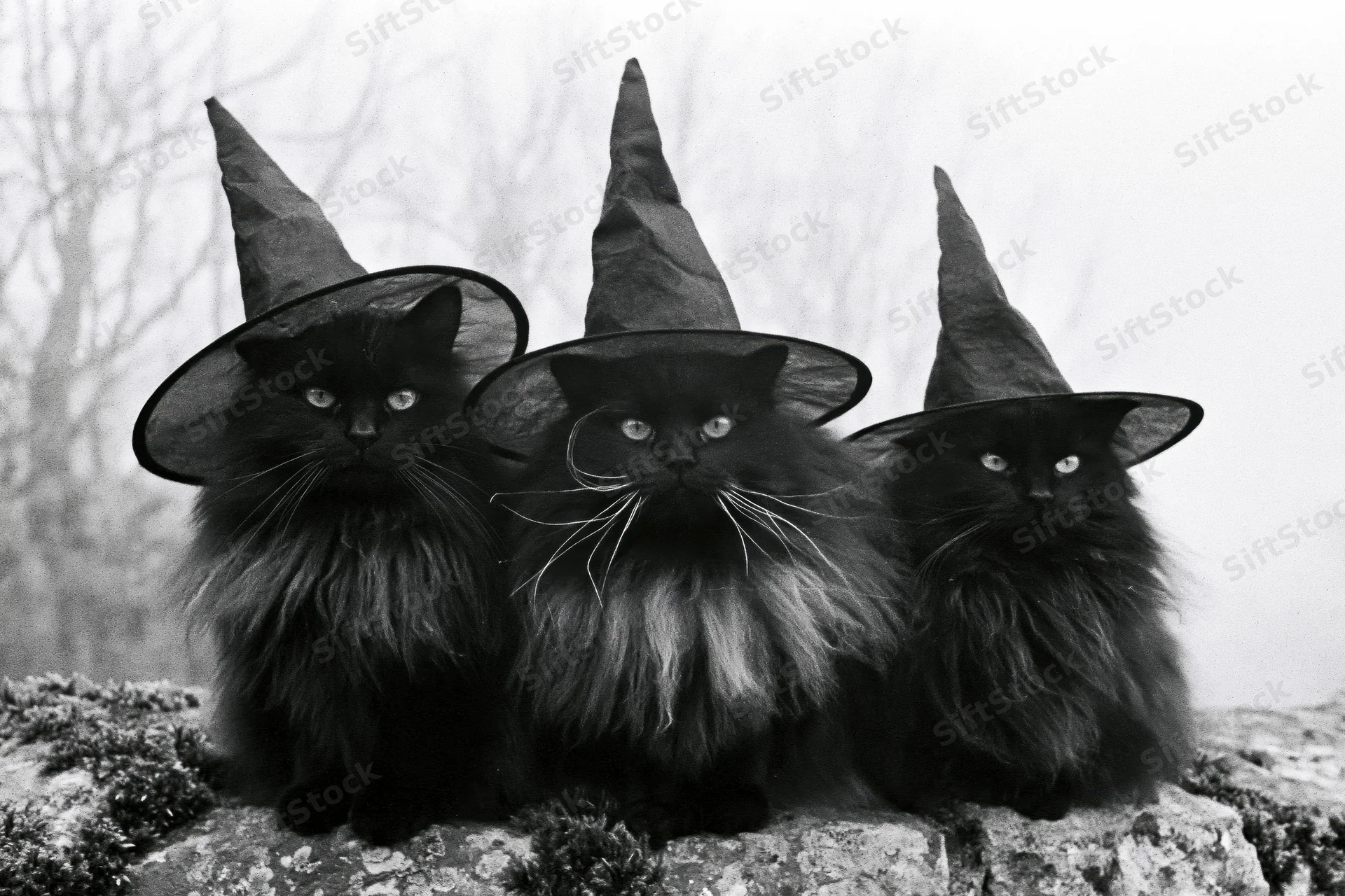 Three fluffy black cats wearing pointy witch hats sitting on a mossy rock outdoors