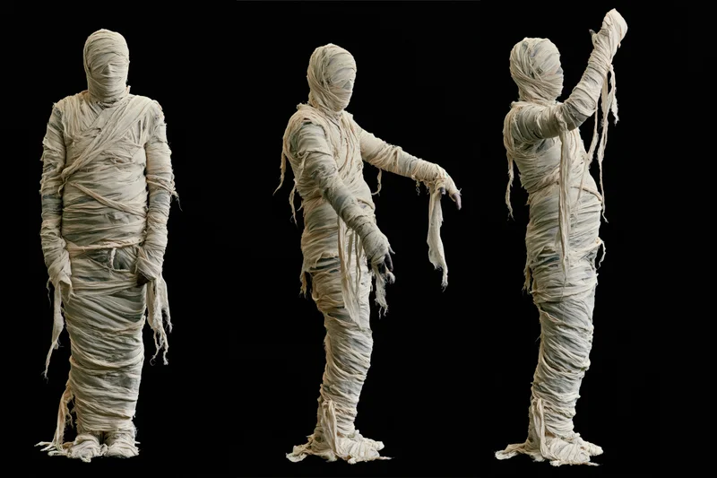 Three mummies wrapped in aged gauze standing in different poses against black background