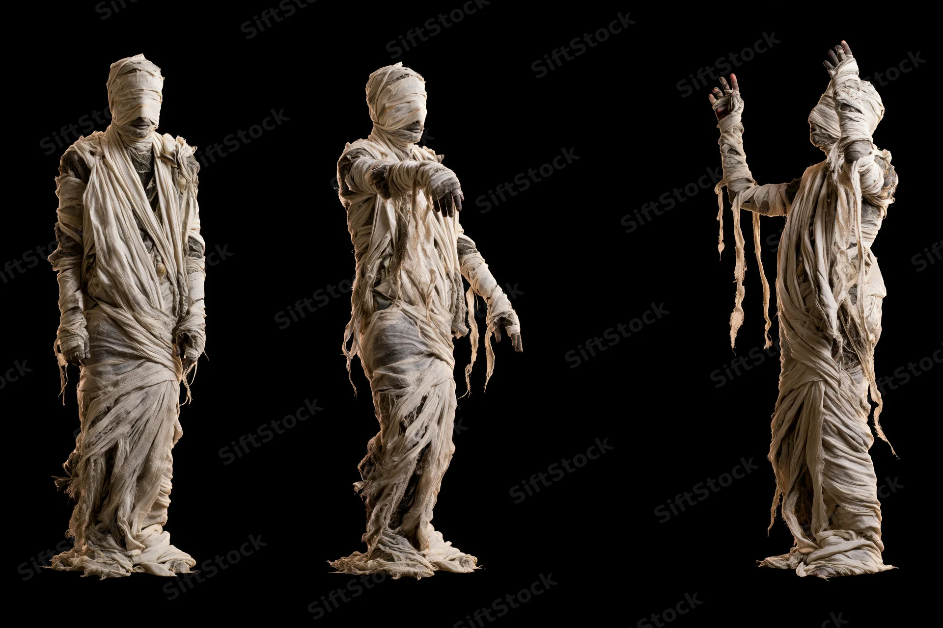 Three mummies wrapped in aged gauze standing in different poses against black background
