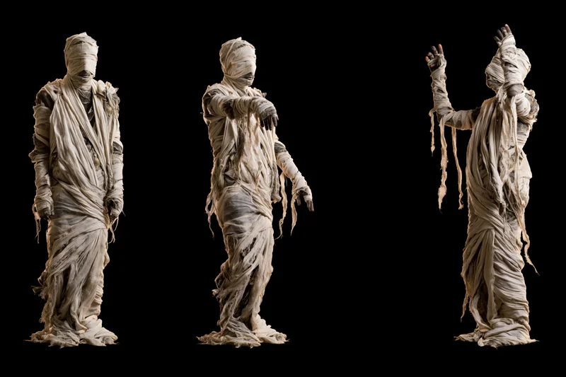 Three mummies wrapped in aged gauze standing in different poses against black background