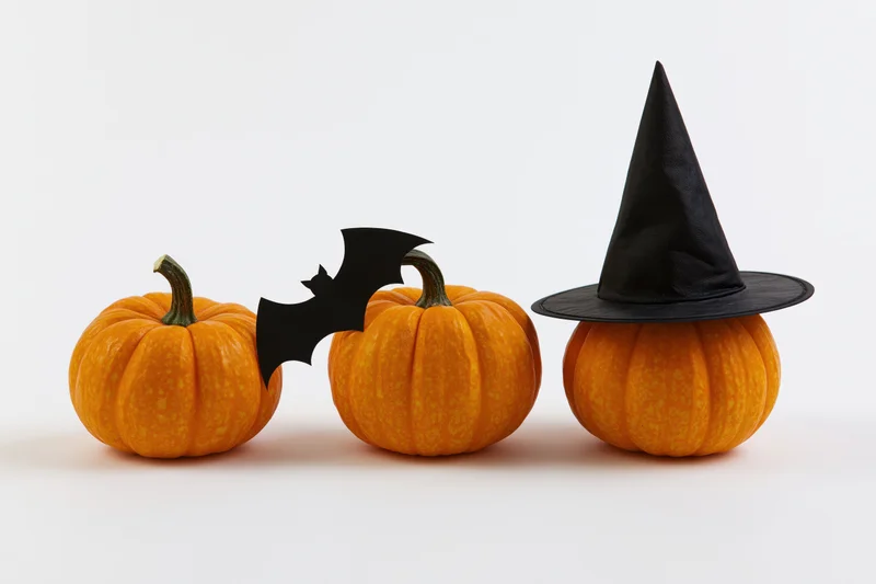 Three small orange pumpkins in a row, one wearing a witch hat and another with a bat cutout, on a white background