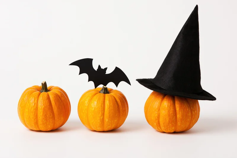 Three small orange pumpkins in a row, one wearing a witch hat and another with a bat cutout, on a white surface