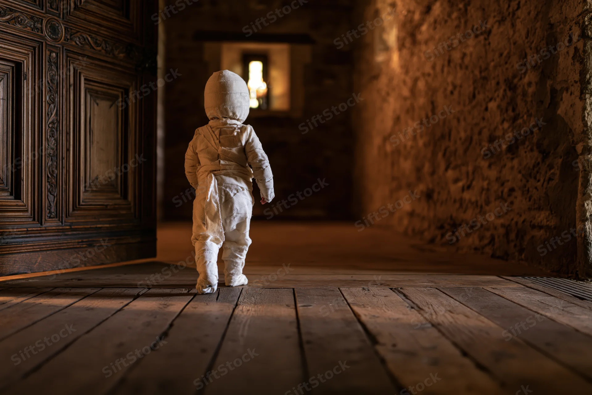 Toddler in white bandage mummy costume walking down dim stone hallway toward light