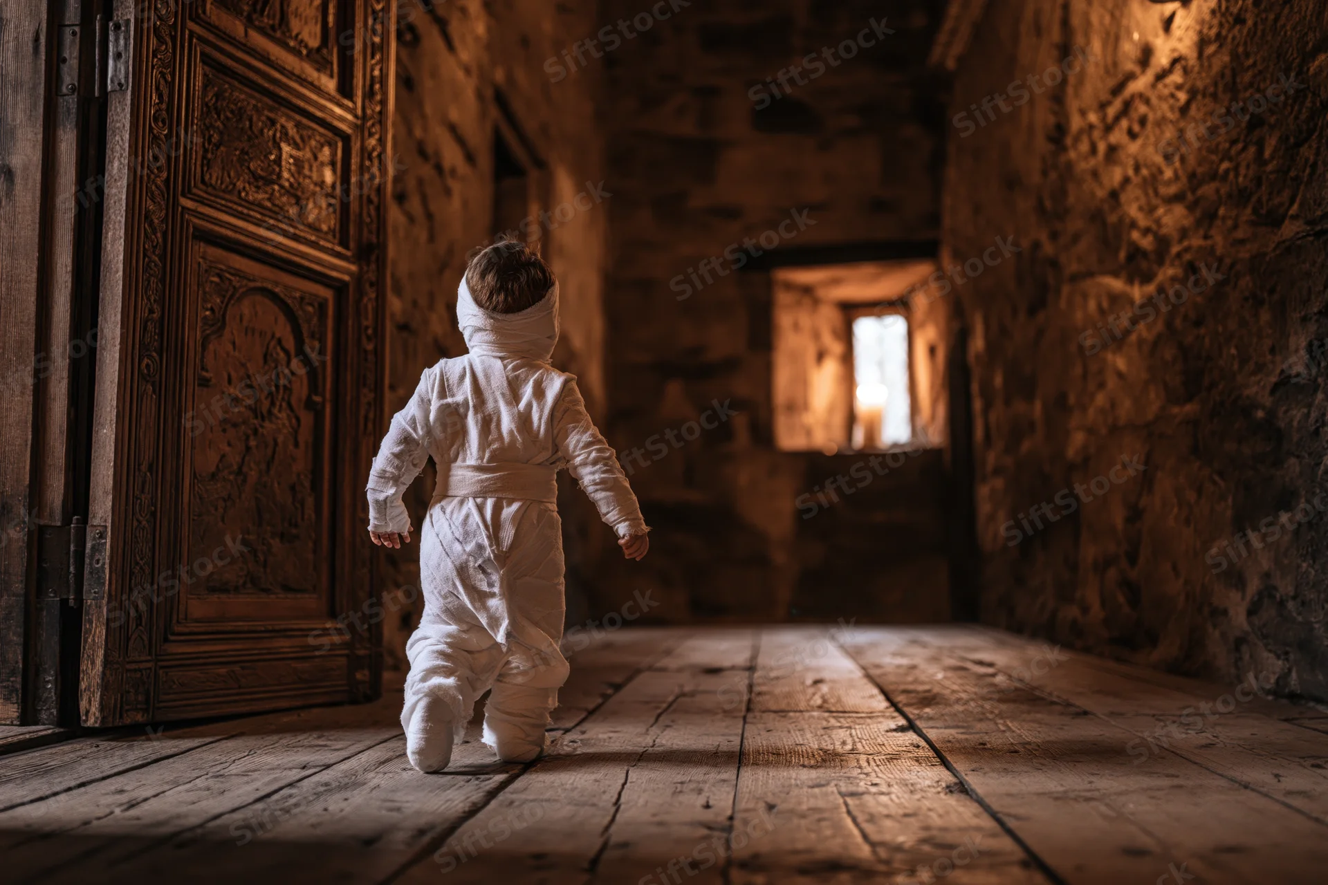 Toddler in white bandage mummy costume walking down dim stone hallway toward lighted window