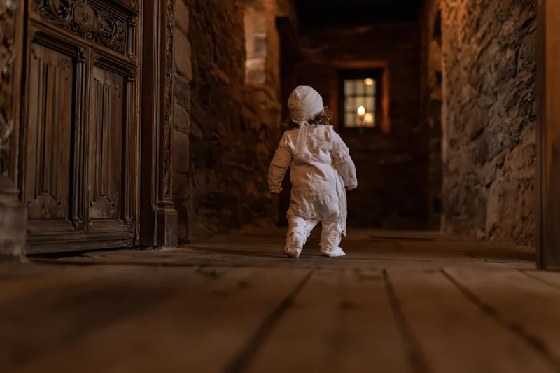 Toddler in white mummy costume walking down dim stone hallway toward candlelit window
