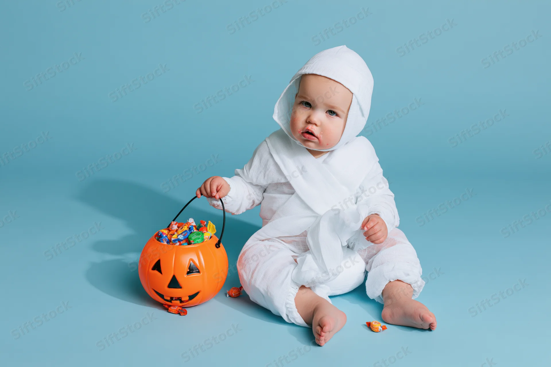 Toddler in white mummy costume sitting with candy bucket on blue studio floor