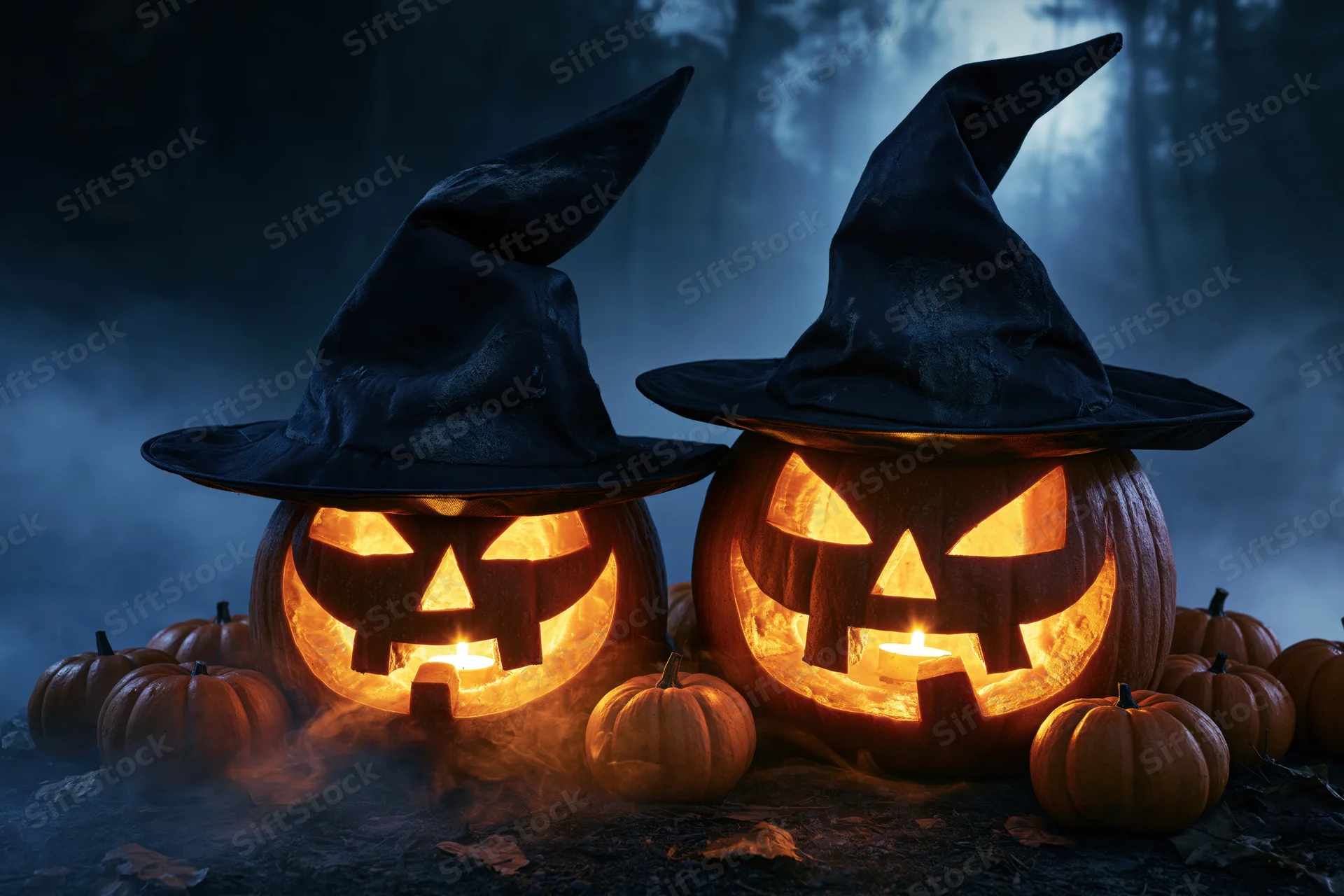 Two carved jack-o-lanterns wearing witch hats glowing in a foggy forest at night