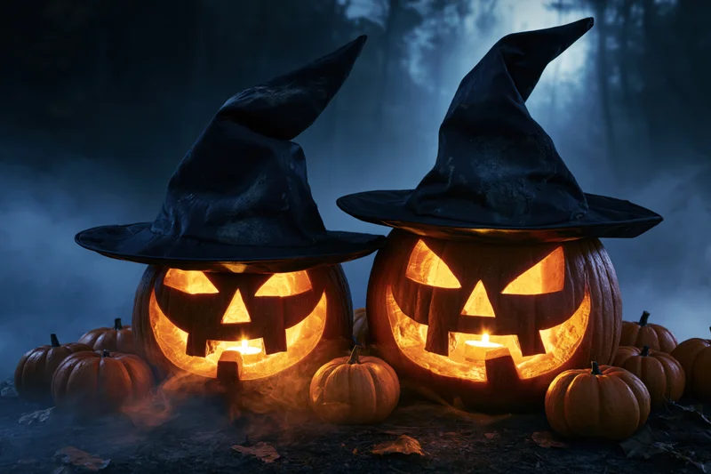 Two carved jack-o-lanterns wearing witch hats glowing in a foggy forest at night