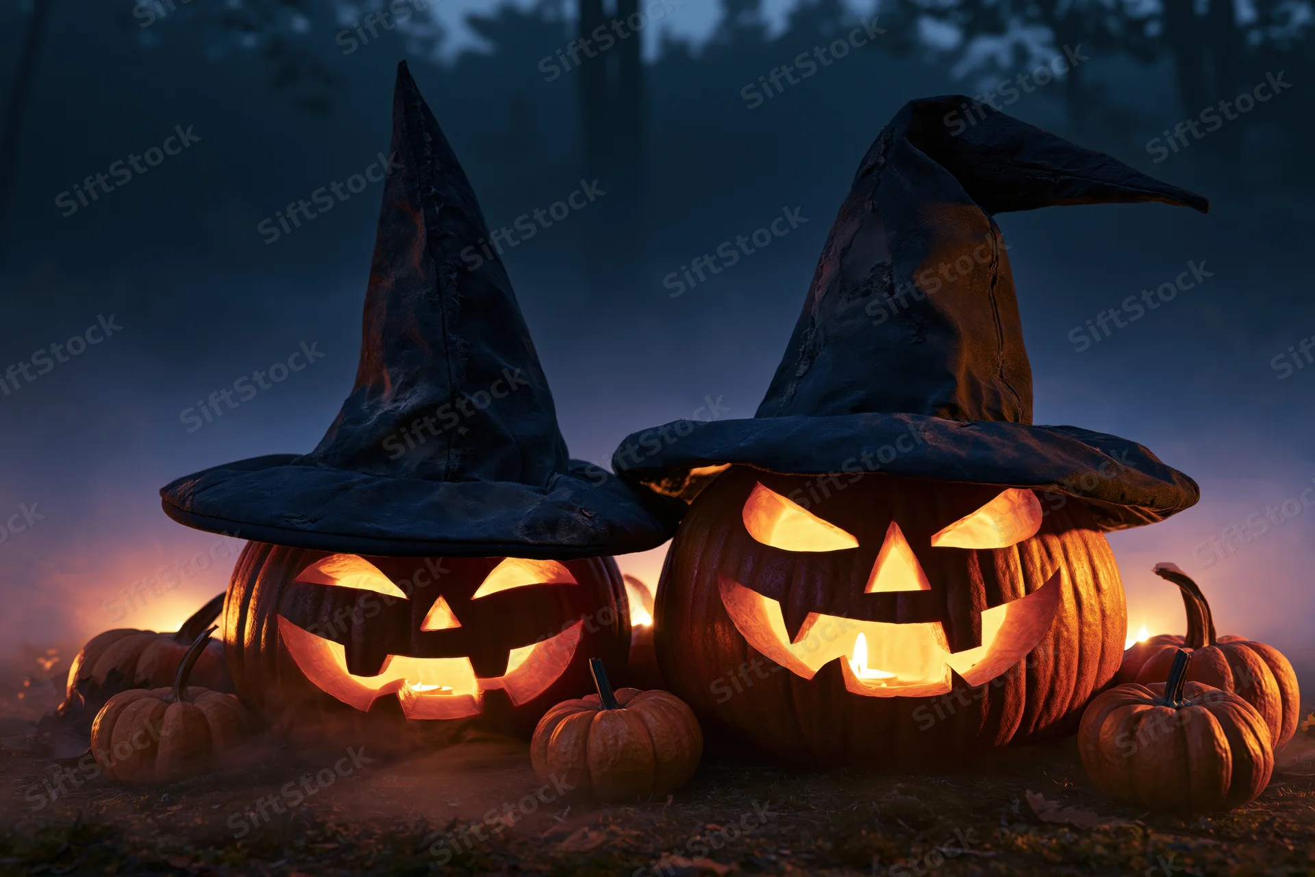 Two carved jack-o-lanterns wearing witch hats glowing in a foggy forest at night