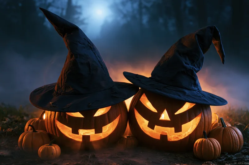 Two carved jack-o-lanterns wearing witch hats glowing in a foggy forest at night
