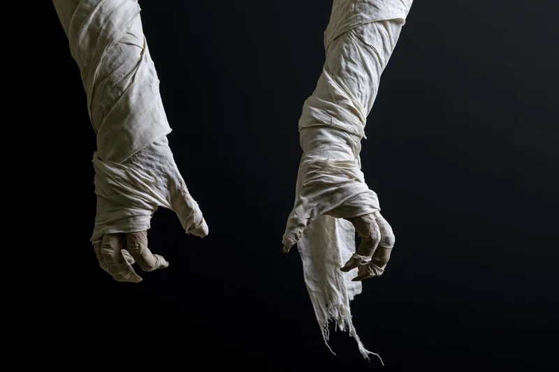 Two mummified hands wrapped in aged linen bandages against a dark background