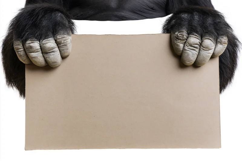 Gorilla hands gripping a blank cardboard sign against white background