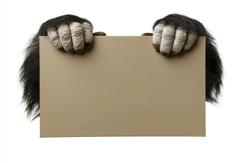 Gorilla hands holding a blank cardboard sign against white background