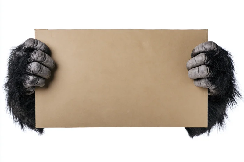 Gorilla hands holding a blank cardboard sign horizontally against white background