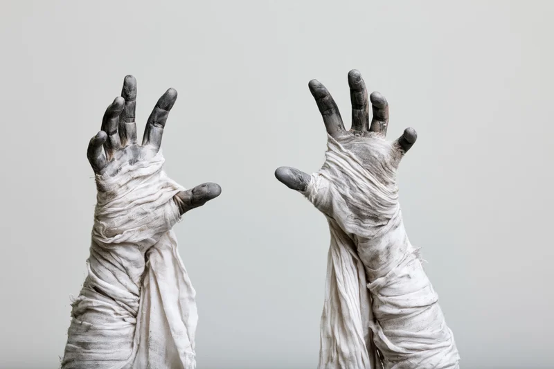 Two wrapped hands raised with fingers spread in a clawing gesture against a plain background