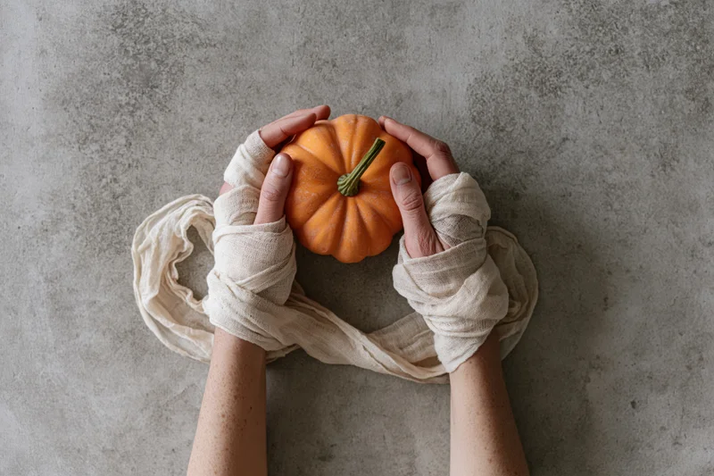Hands wrapped in cream gauze bandages cradling a small orange pumpkin on a gray concrete surface