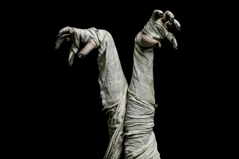 Two mummy arms wrapped in aged dirty white gauze bandages reaching forward against black background