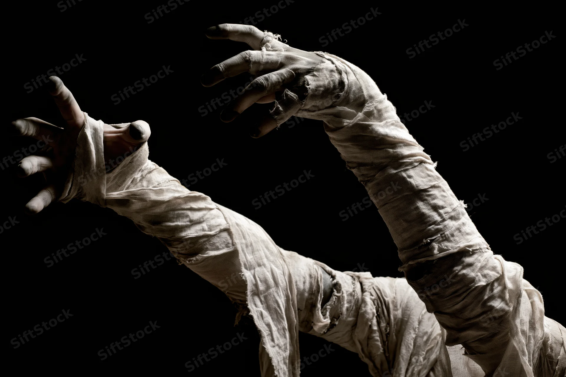 Mummy arms wrapped in tattered gauze bandages reaching upward against black background